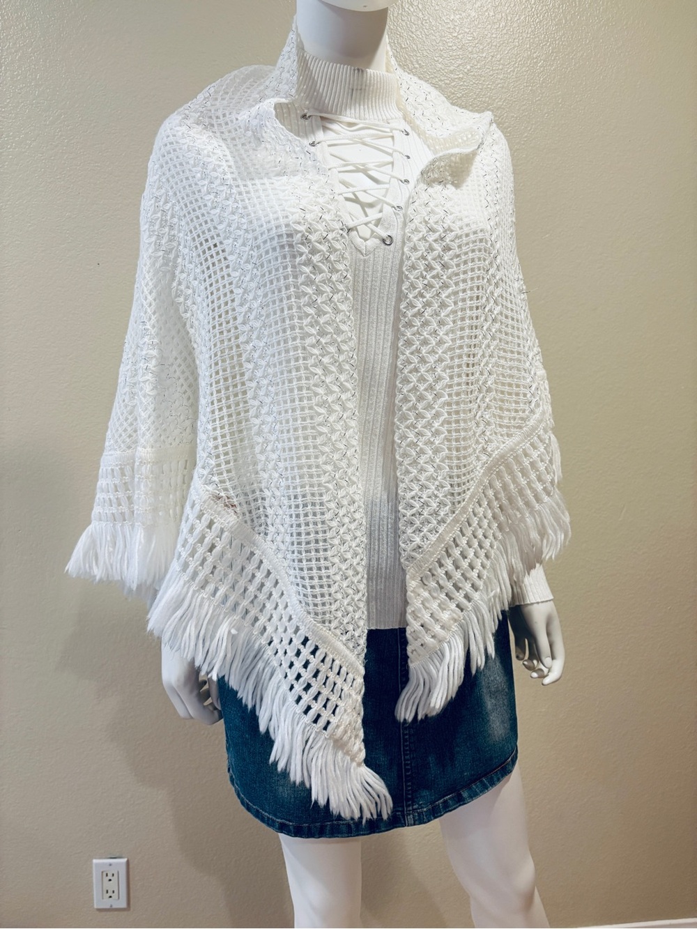 Vintage White Fringe Knitted Shawl Touch of Metallic Silver Japan Boho Coquette